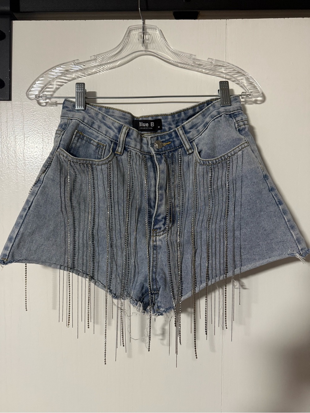 Blue B Women's Light Wash Denim Jean Shorts with Chain Fringe